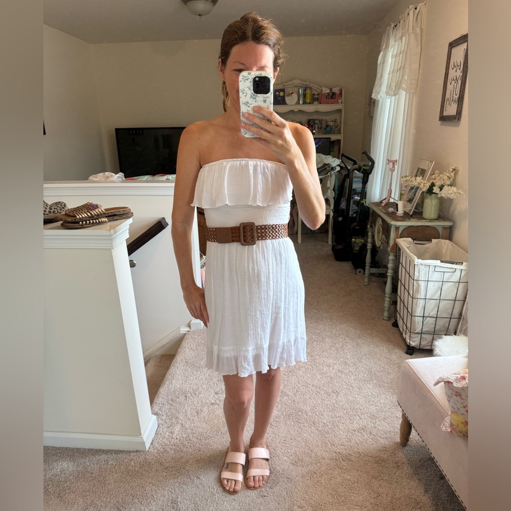 White strapless belted hi low dress